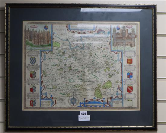 John Speede, coloured engraving, Map of Surrey, reverse glazed, 39 x 51cm